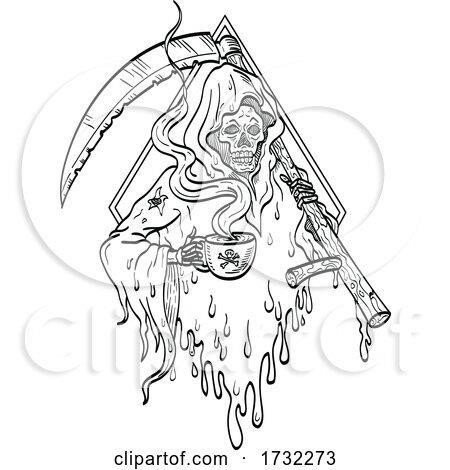 1732273 Grim Reaper Holding Smoking Hot Cup Of Coffee And Scythe Tattoo Line Drawing Black And White