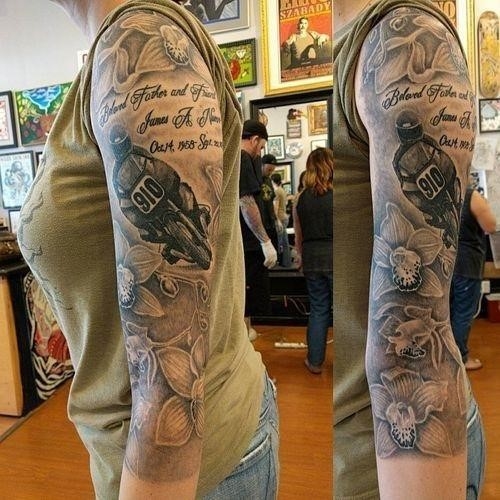 18 orchids with dates of birth and death and a rider on a motorcycle tattoo