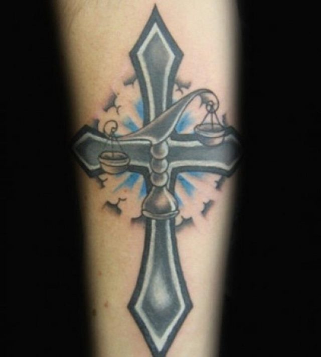 3D Cross With Balance Scale Tattoo Design For Arm