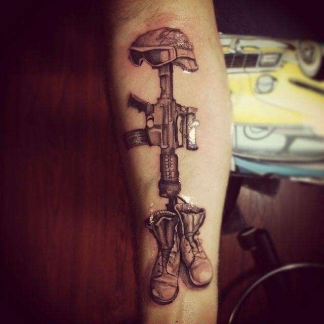 3D Memorial Military Equipments Tattoo On Forearm