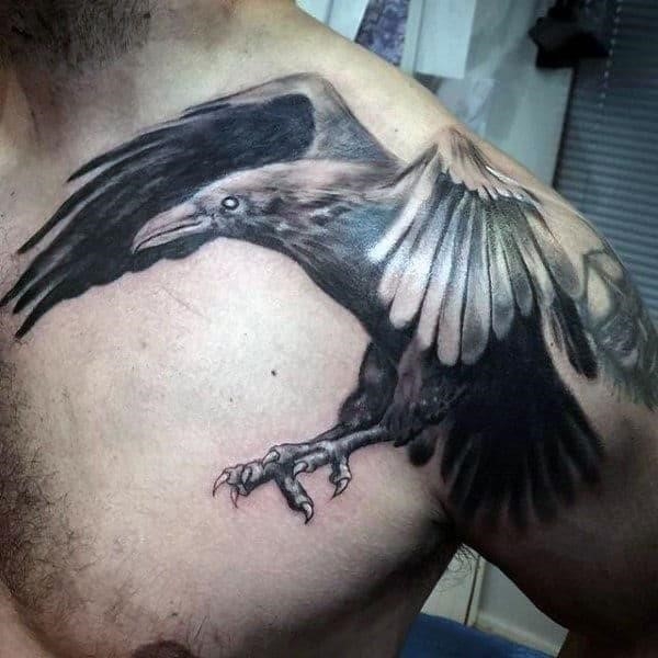 3D flying greyish raven tattoo mens shoulders