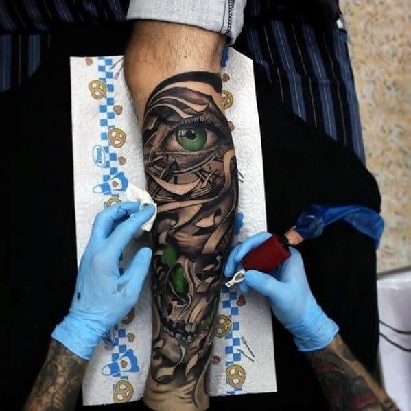 3d green eye and skull guys leg sleeve tattoos