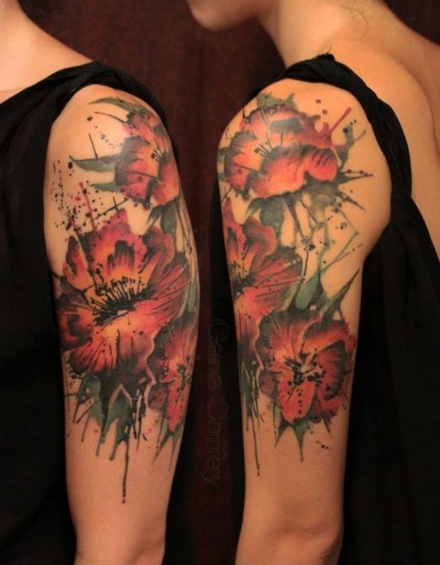 Amazing Abstract Flowers Tattoo On Girl Left Half Sleeve By Gene Coffey