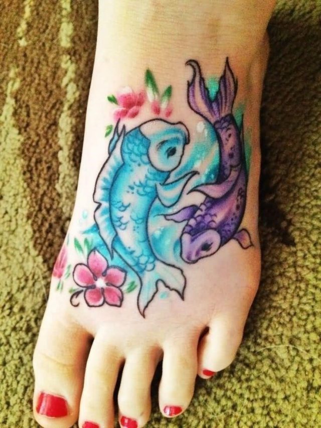 Amazing Colored Flowers And Pisces Tattoo