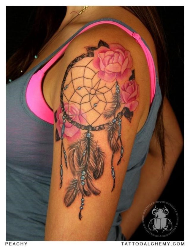 Amazing Dreamcatcher Tattoo With Pink Roses