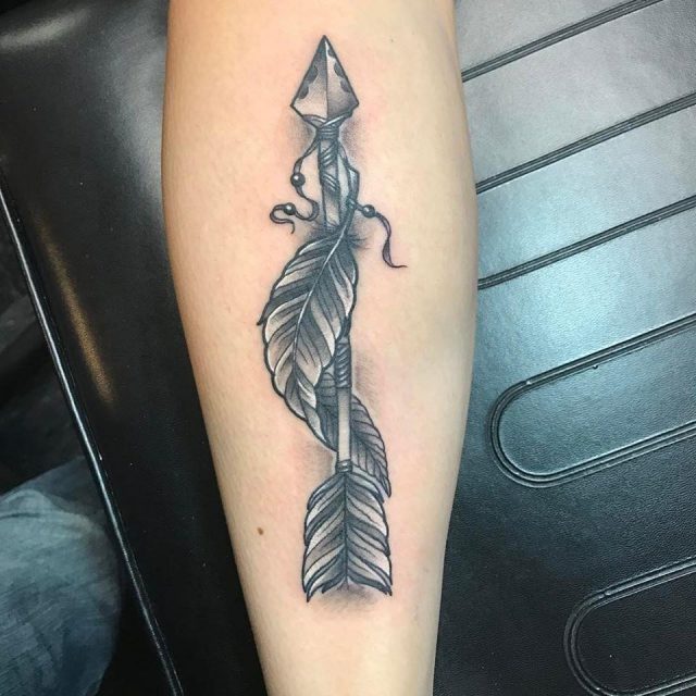 Amazing Feather Tattoo Design With Arrow