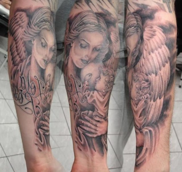 Amazing Grey Ink Mother And Baby Tattoo