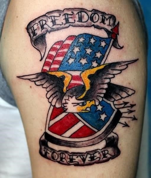 American Flag With Eagle And Freedom Forever Banner Tattoo Design For Shoulder