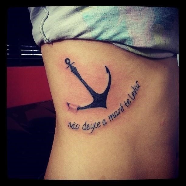 Anchor And Word Tattoo on Rib Cage