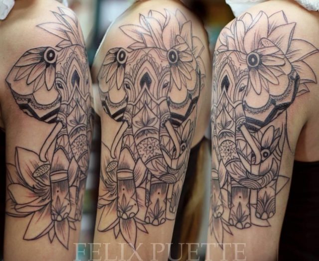 Attractive Elephant With Flowers Tattoo On Half Sleeve1