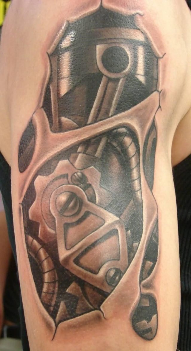 Awesome 3D Grey Mechanical Tattoo On Right Shoulder