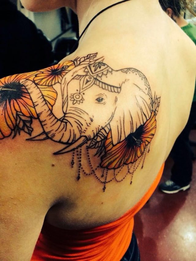 Awesome Floral Elephant Tattoo On Back Shoulder For Girls