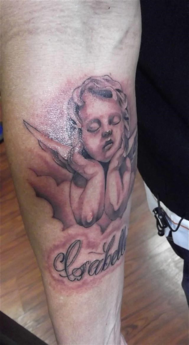 Baby Angel with Name Tattoo Design Idea
