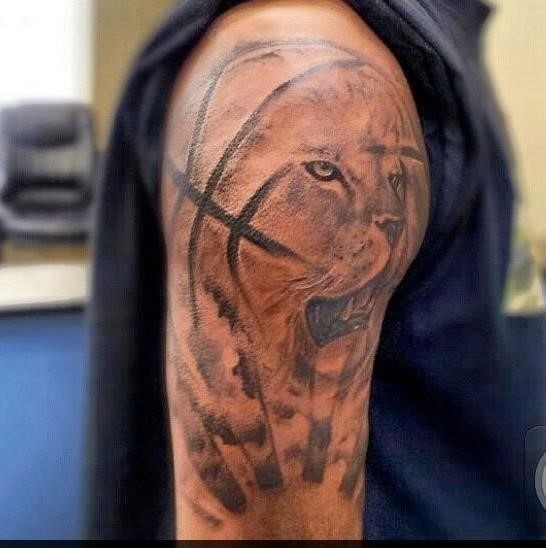 Basketball With Lion Face Tattoo On half Sleeve