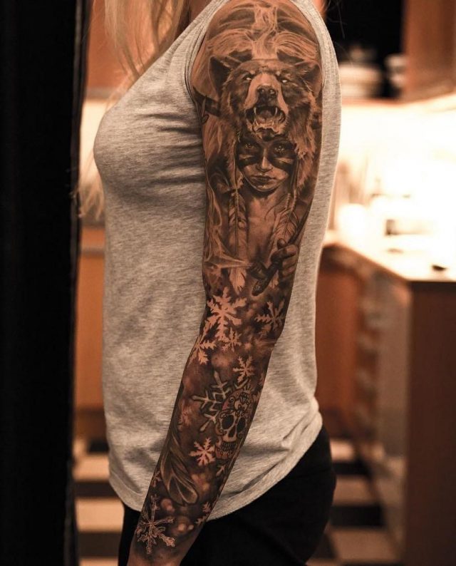 Bear Girl Tattoo On Left Arm
