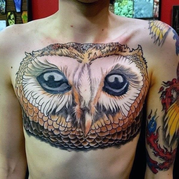Beautiful Colored Barn Owl Face Tattoo On Man Chest
