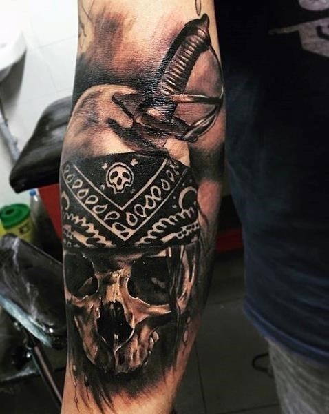 Black And Grey 3D Dagger In Pirate Skull Tattoo Design For Sleeve