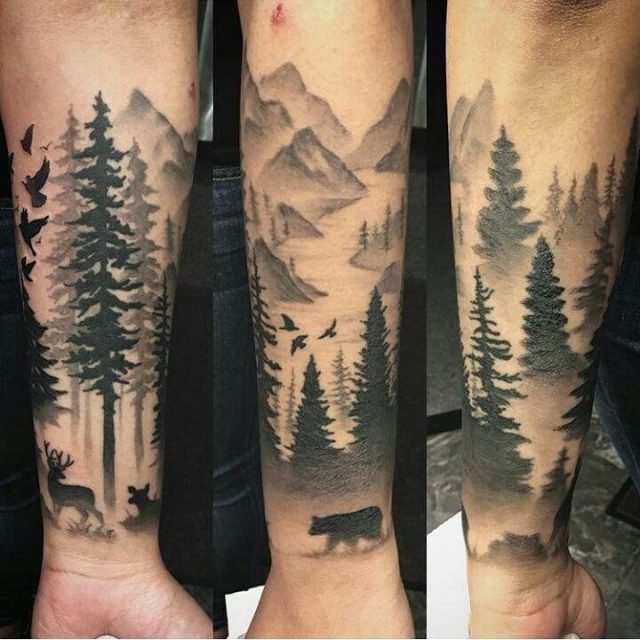 Black And Grey Forest Tattoo On Forearm