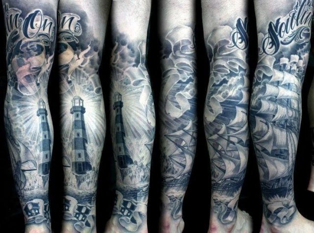 Black And Grey Ink Lighthouse Tattoo On Leg Sleeve