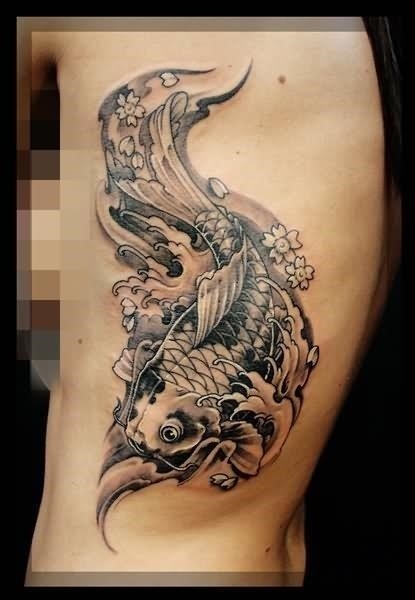 Black And Grey Koi Fishes Tattoo On Left Side Rib
