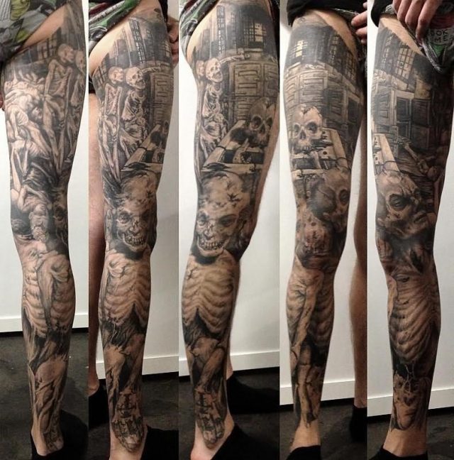 Black And White Skeletons Tattoo On Full Leg