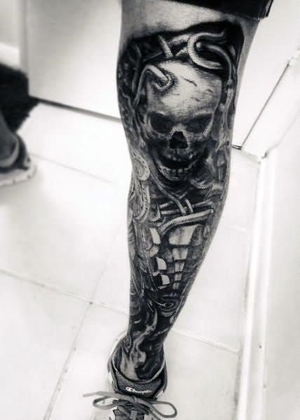 Black And White Skull Tattoo On Full Leg