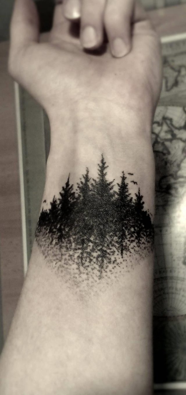 Black Dotwork Forest Tattoo On Left Wrist
