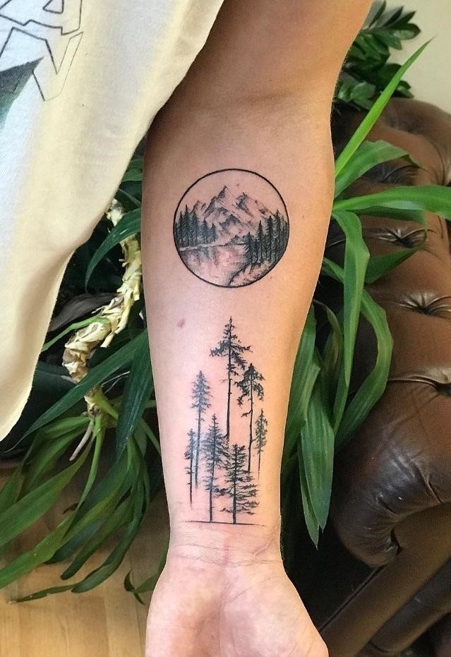 Tattoo uploaded by Xavier  Woods tattoo by Eva Krbdk EvaKrbdk Eva  Turkish circle miniature mini scenery scene woods forest pinetree   Tattoodo