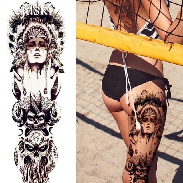 Black Indian Warrior Temporary Tattoo Men Full Legs Tattoo Stickers Women Large Body Arm Art Drawing