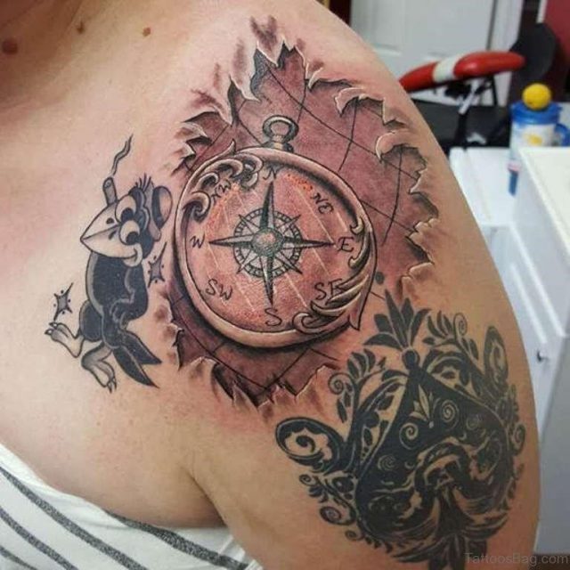 Black Ink Compass Tattoo Design