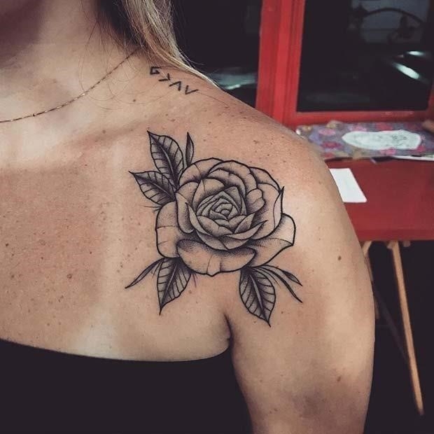 Black Ink Rose Shoulder Tattoo
