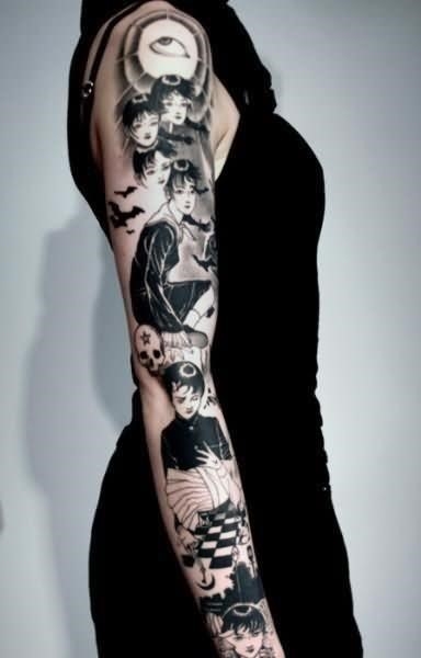 Black Ink Sleeve Tattoo For Young Girls