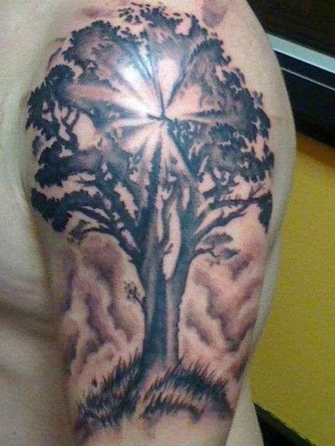 Black Ink Tree Of Life Tattoo On Left Half Sleeve