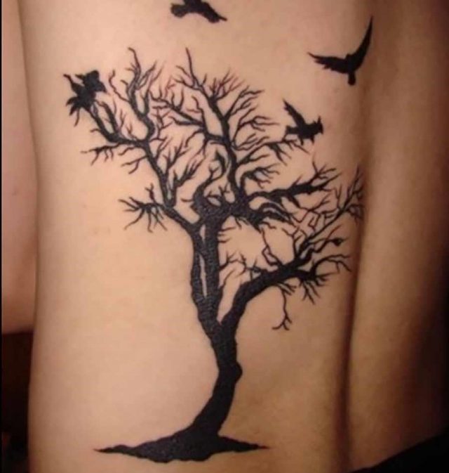 Black Tree Of Life With Flying Birds Tattoo On Back