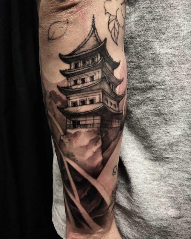 Black and Grey Pagoda Tattoo