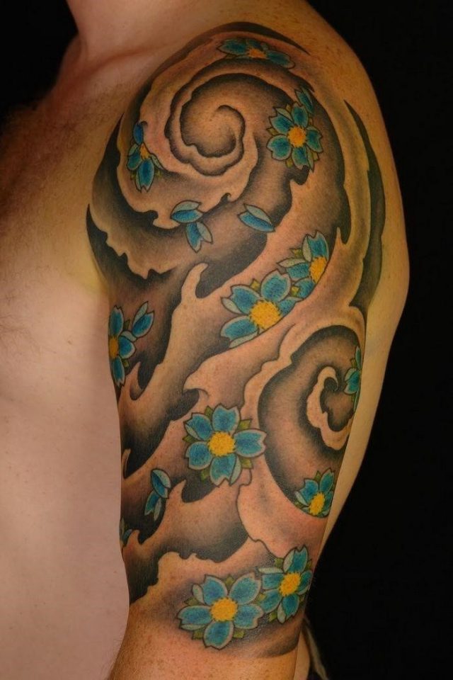 Blue flower asian tattoo