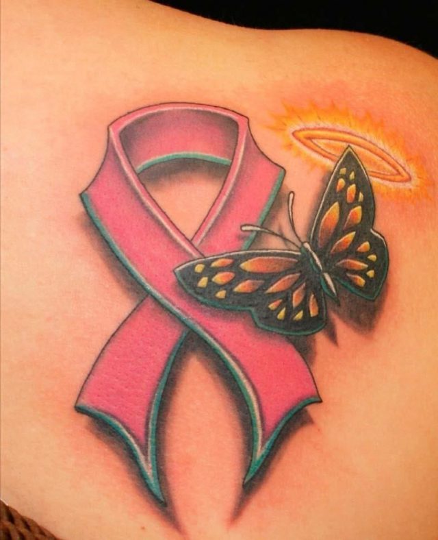 Breast Cancer With Butterfly Tattoo On Right Back Shoulder