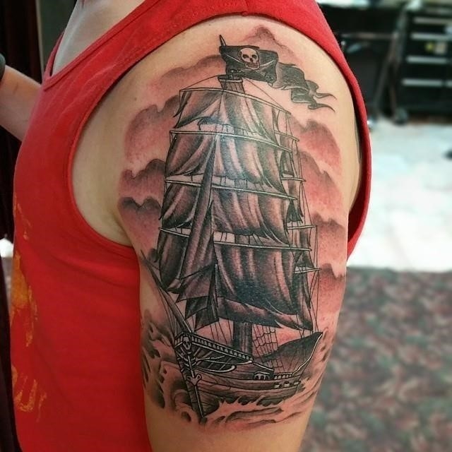 Brillant Grey Pirate Ship Tattoo On Left Half Sleeve