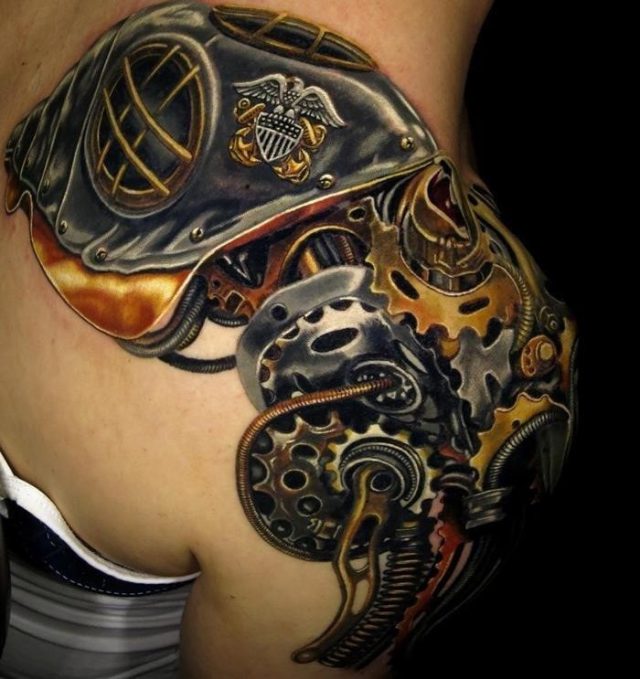 Brilliant Mechanical Colorful Tattoo On Right Upper Shoulder