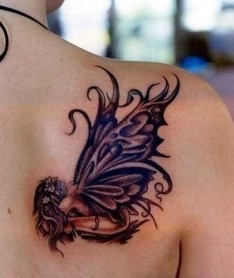 Classic Black Ink Fairy Tattoo On Right Back Shoulder
