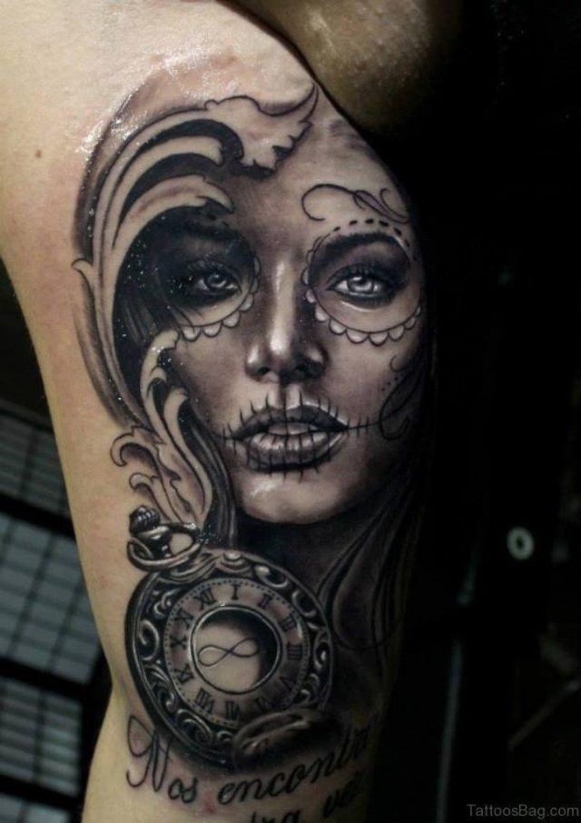 Clock And Portrait Tattoo