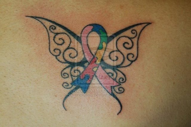 Colorful Breast Cancer Logo With Butterfly Wings Tattoo Design By Enoki Soju
