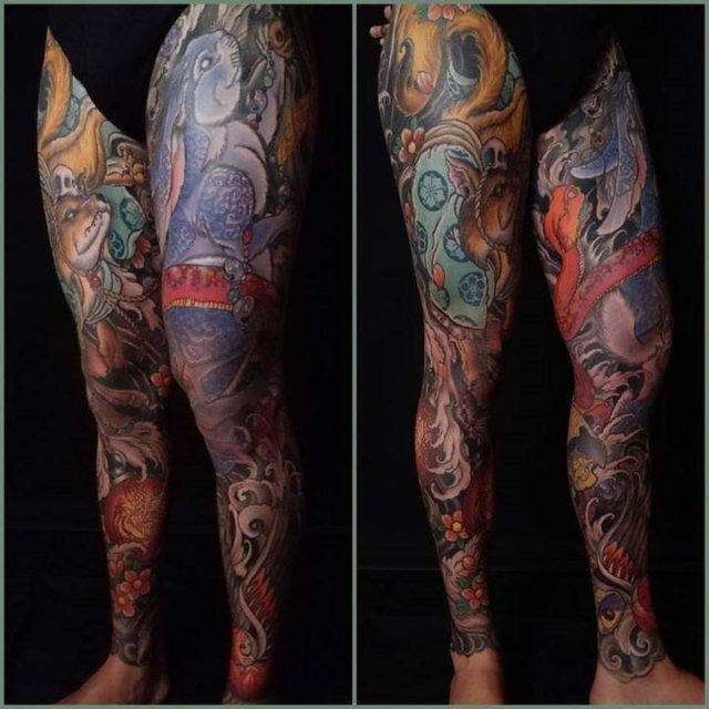 Colorful Full Legs Tattoo by Jeff gogue art
