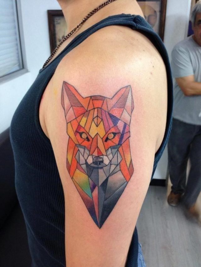 Colorful Geometric Fox Tattoo Design on Upper Hand