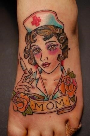 Colorful Nurse With Rose And Banner Tattoo On Foot