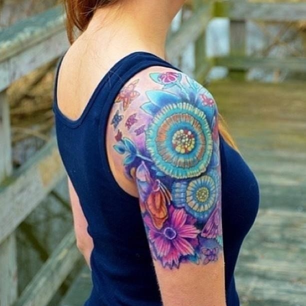 Colorful Unique flower sleeve womans tattoo