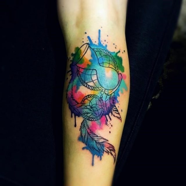 Colorful Watercolor Dreamcatcher Tattoo
