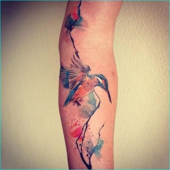 Colorful Watercolor Hummingbird Tattoo On Arm