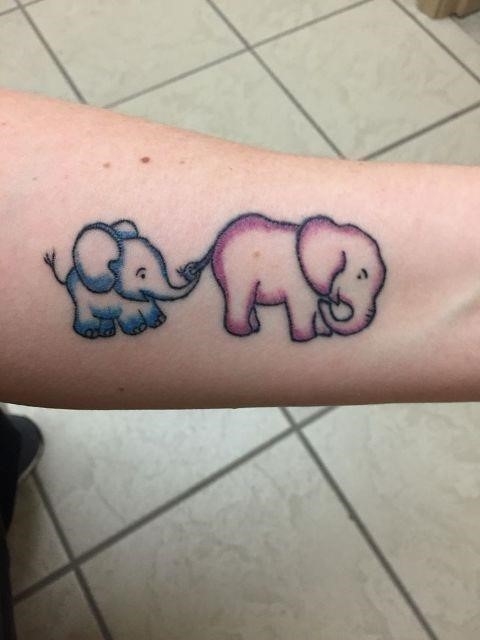 Colorful elephant and baby elephant tattoo