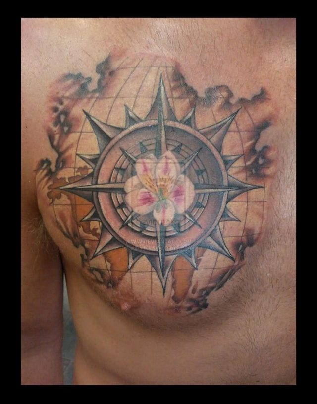 Compass And Map Tattoo On Chest